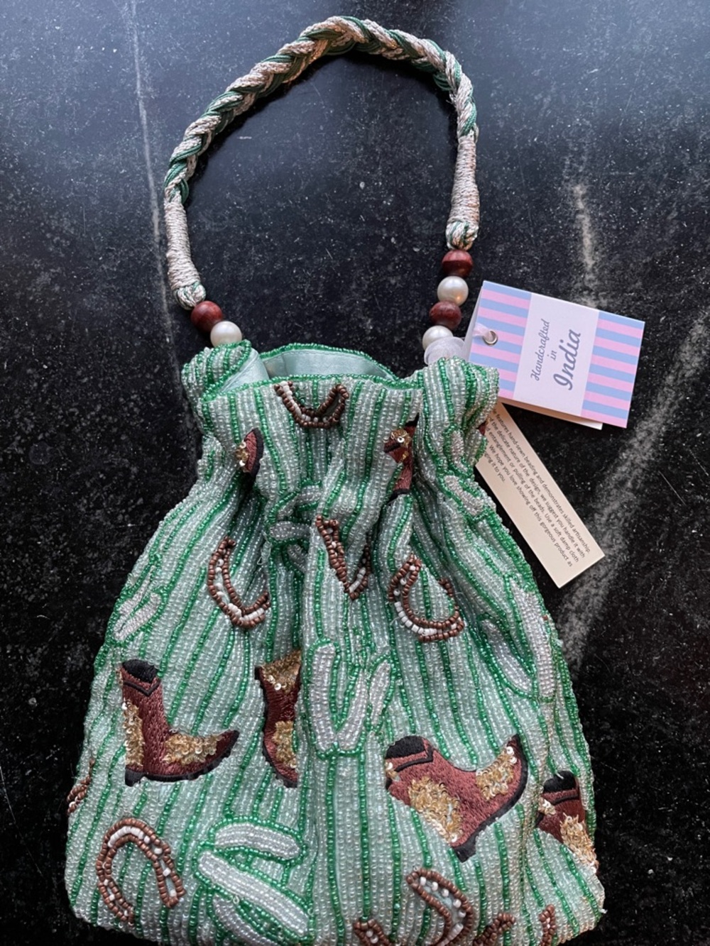 NEW Viral Green Beaded Cowboy Boot Drawstring Bag country fest